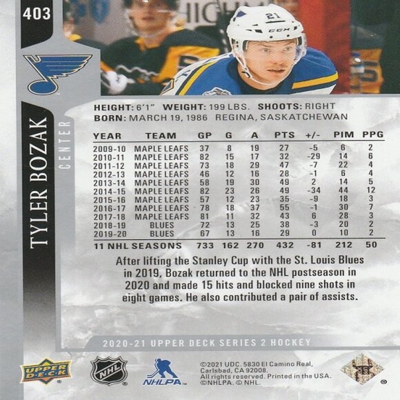 Tyler Bozak - 2020/2021 Upper Deck Series 2 Hockey Card - Picture 2 of 2